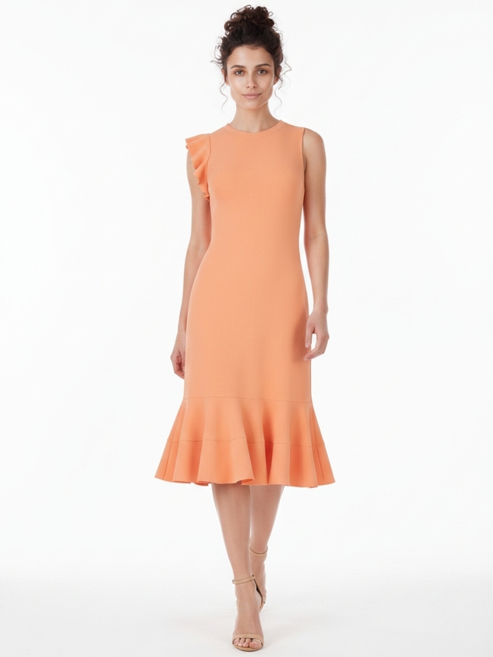 Sleeveless Ruffle-Shoulder Midi Dress in Peach Size M - Picture 8 of 17